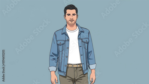 Illustrated man in denim jacket standing against light blue background.