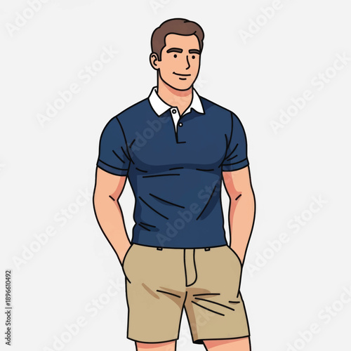 Cartoon Illustration of a Casual Man in Blue Polo and Khaki Shorts.