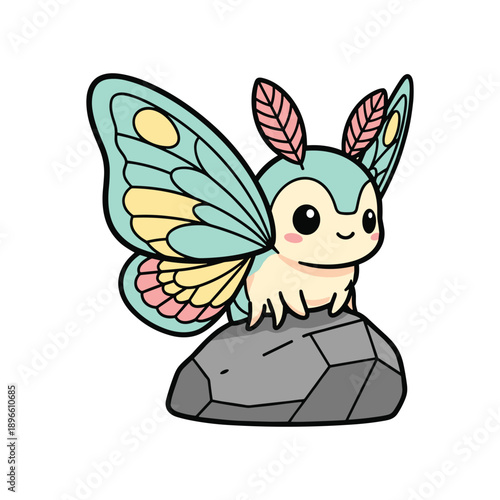 Cute cartoon moth illustration with pastel wings sitting on a gray rock