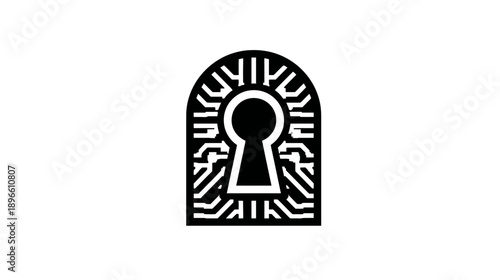 Black and white image depicts a keyhole shape, framed by a circuit board pattern