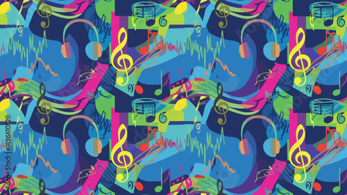 Vibrant music themed pattern with colorful notes and headphones on dark blue background