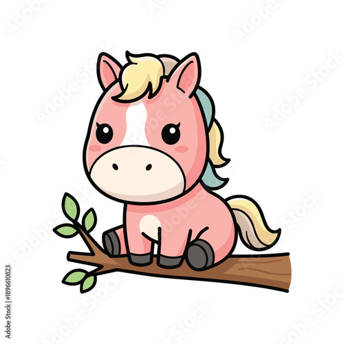 Cute cartoon pink foal sitting on wooden log with green leaves isolated illustration