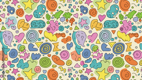 Colorful candy and sweet treats pattern on cream background with various shapes