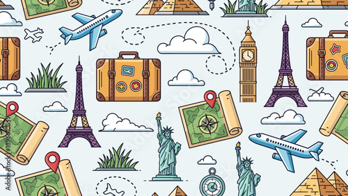 Vintage travel icons and landmarks pattern on light blue background with clouds