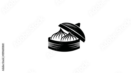 A black and white illustration of two dumplings inside a steamer, lid partially open