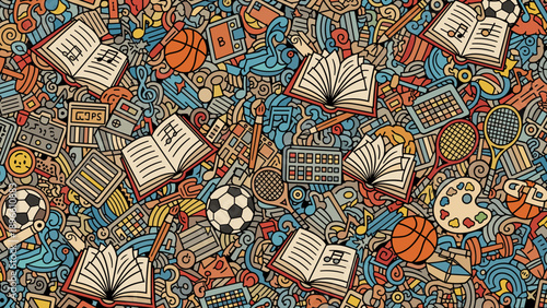 Colorful illustration of various school objects and sports equipment scattered together in a chaotic pattern