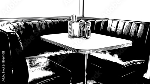 Black and white illustration of a diner booth with condiments on a small table
