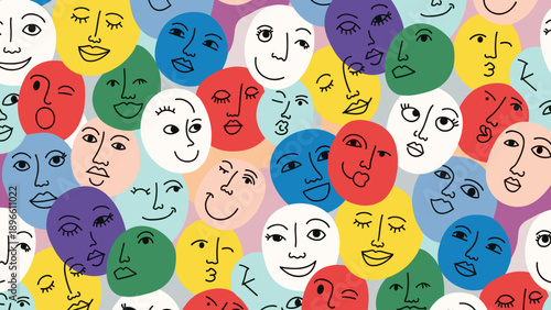 Colorful illustration of multiple cartoon faces with various expressions and emotions on a multicolored background