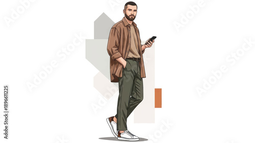 Stylish man walking with smartphone in casual streetwear amid abstract geometric shapes.