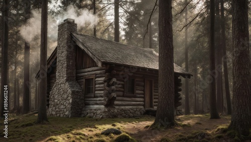 Secluded Rustic Log Cabin with Smoking Chimney in a Dark Forest.