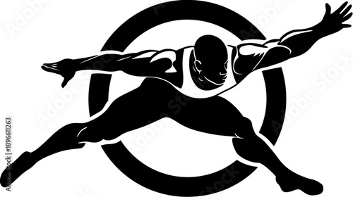 A silhouette of a muscular figure in motion, positioned inside a circle
