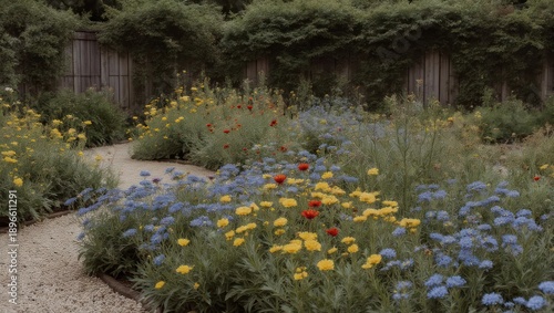 Serene garden path with vibrant flowers and lush greenery.