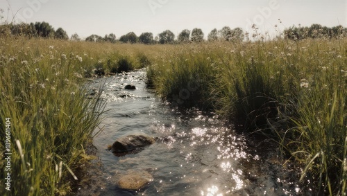 Serene Stream Flowing Through Lush Green Meadow Under Sunny Skies.