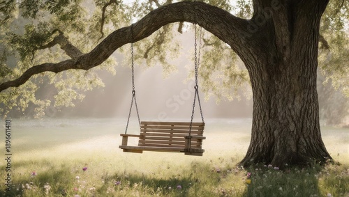 Serene tree swing in a misty meadow, peaceful outdoor scene.