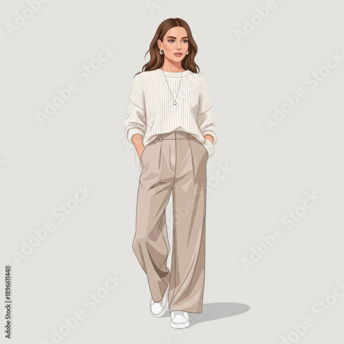 Casual chic fashion illustration of a stylish woman in beige wide leg pants and white sweater with relaxed pose.