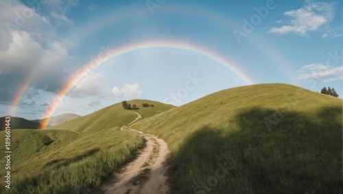 Scenic dirt road winds through lush green hills under a vibrant rainbow sky.