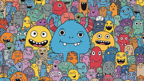 Colorful illustration of a large blue monster surrounded by many small monsters