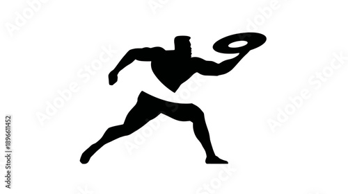 Black silhouette of athlete throwing a disc, dynamic pose, isolated on white background
