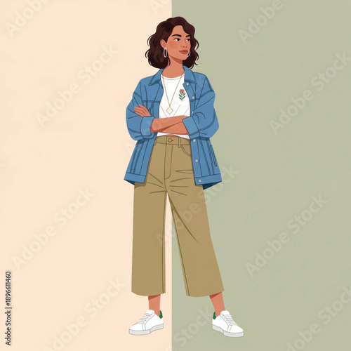 Illustrated young woman modeling a casual outfit featuring a denim jacket and wide-leg pants.