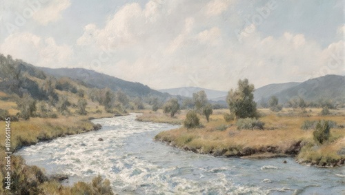 Scenic River Winding Through Rolling Hills Under a Cloudy Sky.