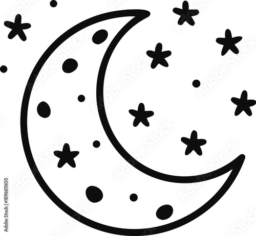 Crescent Moon And Stars Icon, Celestial Symbol, Nighttime Design
