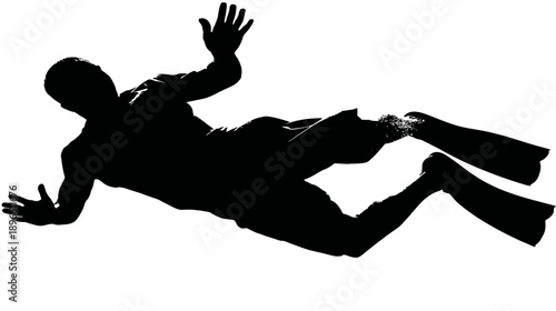 A silhouette of a person wearing flippers appears to be falling or floating against a white background