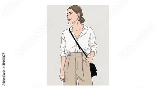 Casual female figure in white shirt with crossbody bag in a minimalist illustration.