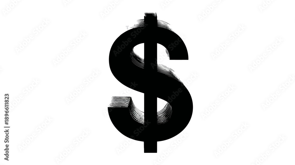 Obraz premium A black dollar sign graphic is brush-stroked on white. It symbolizes finance and commerce