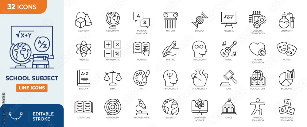 Foto School Subject line editable icon set