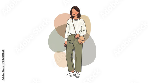 Illustrated woman standing in casual outfit with abstract background.