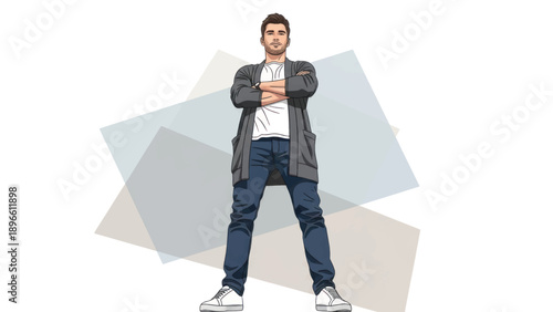 Fullbody illustration of a casual young man standing in streetwear against geometric abstract shapes.