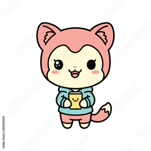 Cute cartoon cat girl mascot character smiling in pastel pink outfit isolated on white background
