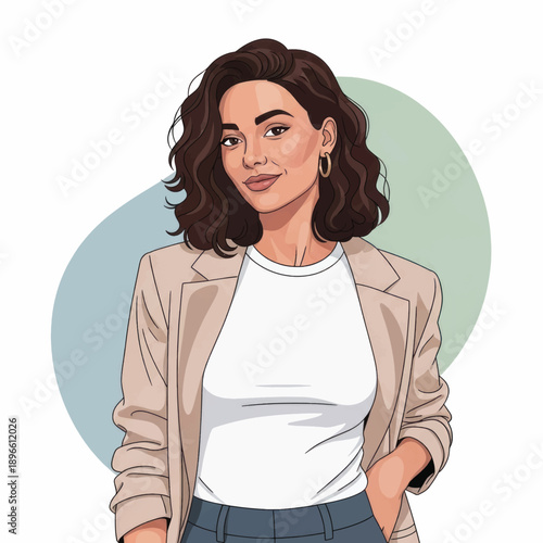 Stylish illustrated woman portrait in blazer and white shirt against abstract pastel shapes.