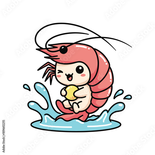 Cute cartoon shrimp baby taking bubble bath in blue water with soap playful fun illustration