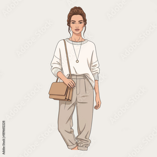 Illustration of a stylish woman in neutral-toned outfit with crossbody bag.