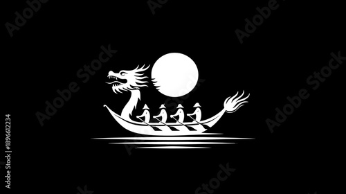 A white dragon boat with rowers, a bright moon, and simple water lines, on a black background