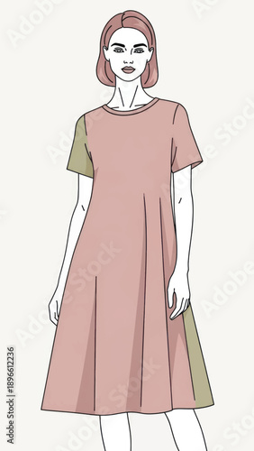 Illustrated woman wearing a pink midi dress standing in a neutral background, fashion portrait.