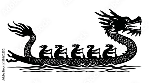 Silhouetted drawing of a dragon-headed boat with rowers, riding waves