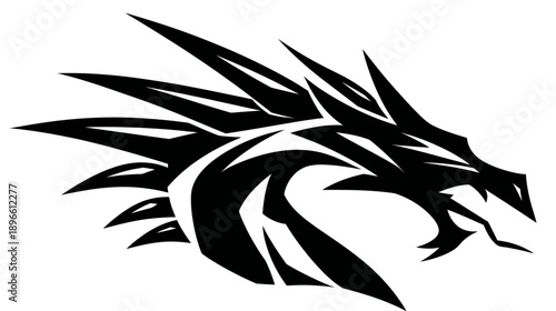 A striking black and white vector graphic of a dragon head, stylized and sharp, with open mouth