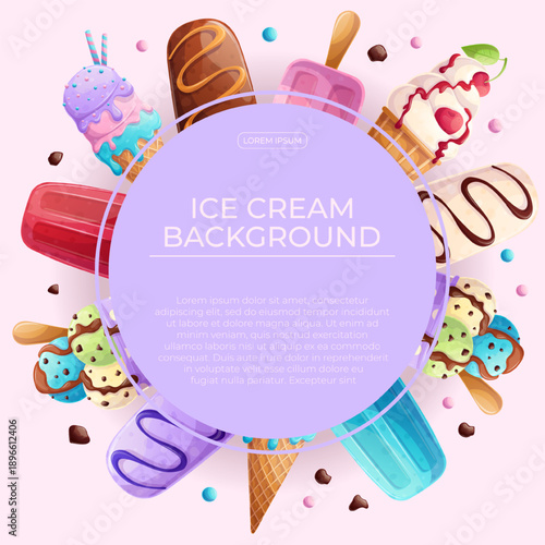 Colorful background with delicious ice cream. The concept of summer, relaxation, sweets. Vector illustration for the design of posters, flyers, postcards, invitations