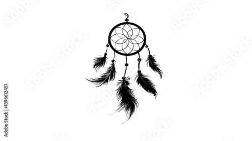 A monochrome illustration of a dreamcatcher, with feathers, and a circle design