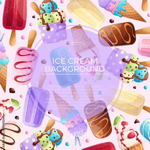Colorful background with delicious ice cream. The concept of summer, relaxation, sweets. Vector illustration for the design of posters, flyers, postcards, invitations