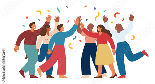 Group of happy diverse people celebrating success with high fives and confetti. Flat vector illustration of teamwork and achievement.