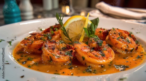 Succulent shrimp in a savory sauce, garnished with lemon and herbs on a white plate, presented in a close-up view
