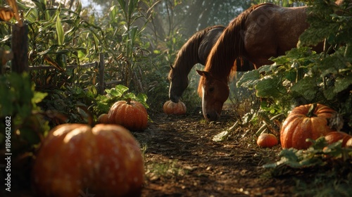 A person harvesting pumpkins in a lush garden surrounded by greenery and vines from a low angle viewpoint