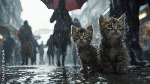 Two wet kittens standing together on a rainy city street with blurred people walking by