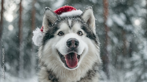 A happy husky dog wearing a Christmas hat in a snowy forest scene viewed from the front.