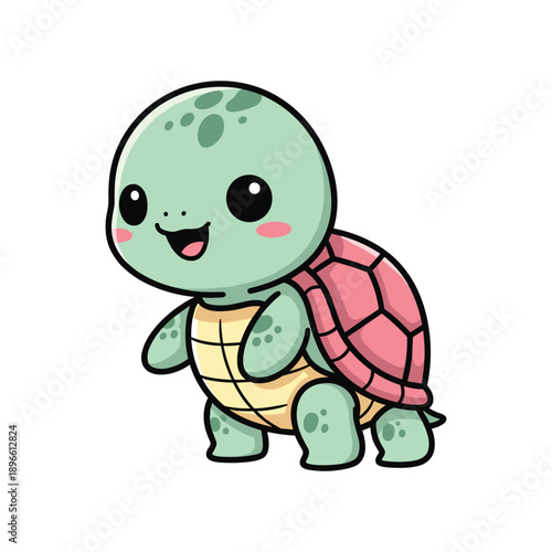 Cute cartoon turtle walking smiling happy green shell pink pattern kid friendly illustration