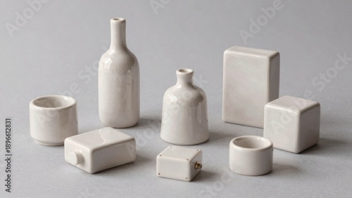 Collection white ceramic items arranged plain grey surface including variety shapes sizes vases containers objects