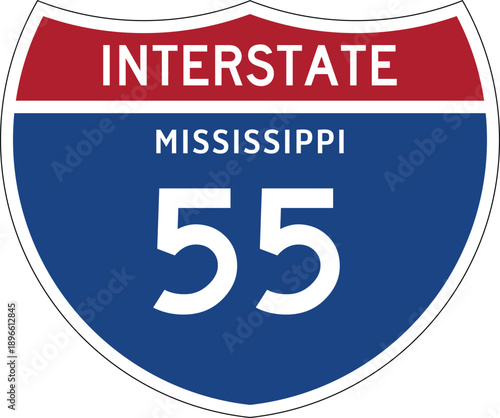 Interstate 55 Mississippi, I-55 MS US Interstate Highway Route Shield Badge Vector